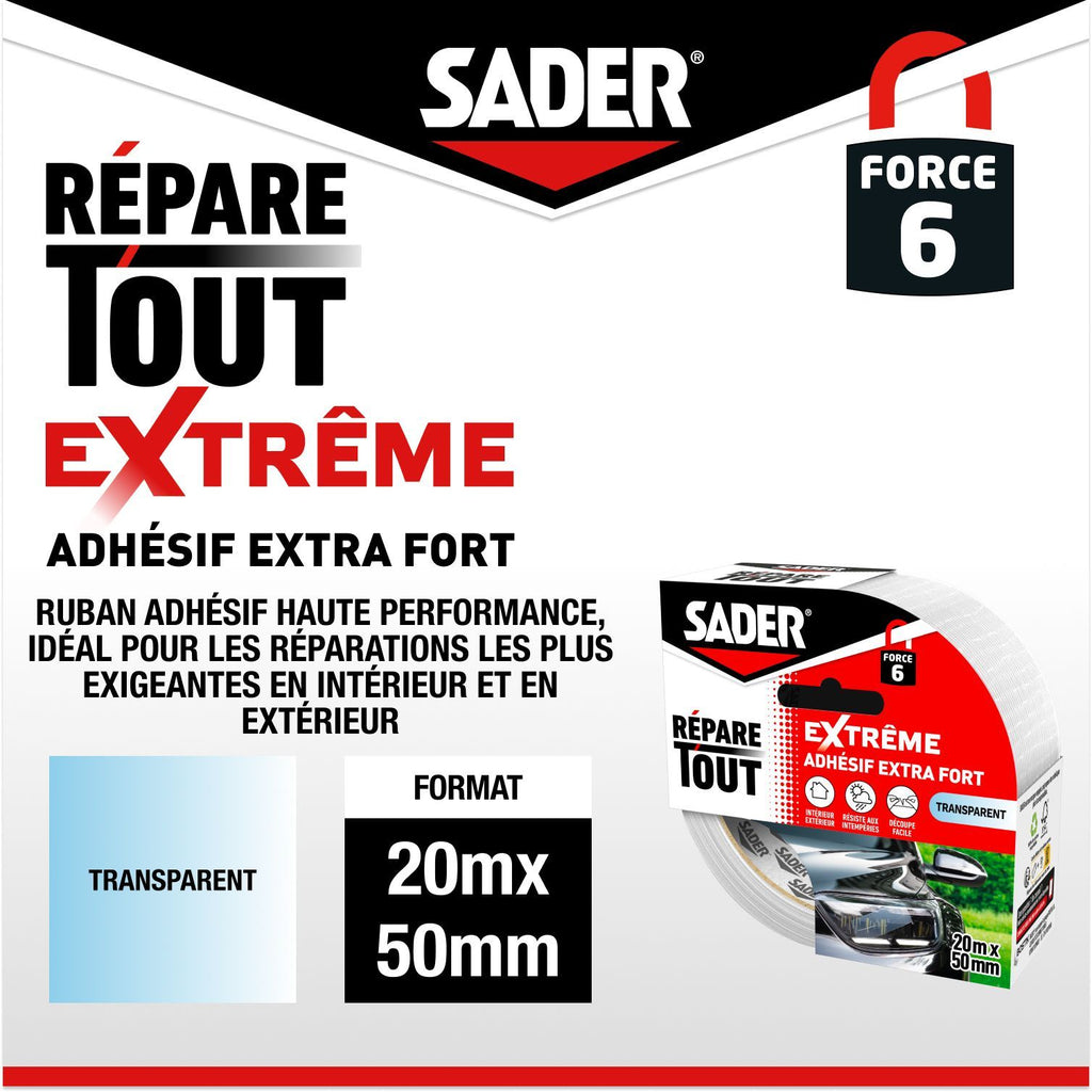SADER Extra Strong Adhesive - Extreme All-Purpose Repair - Transparent - Indoor & Outdoor - All Surfaces - 20 m x 50 mm