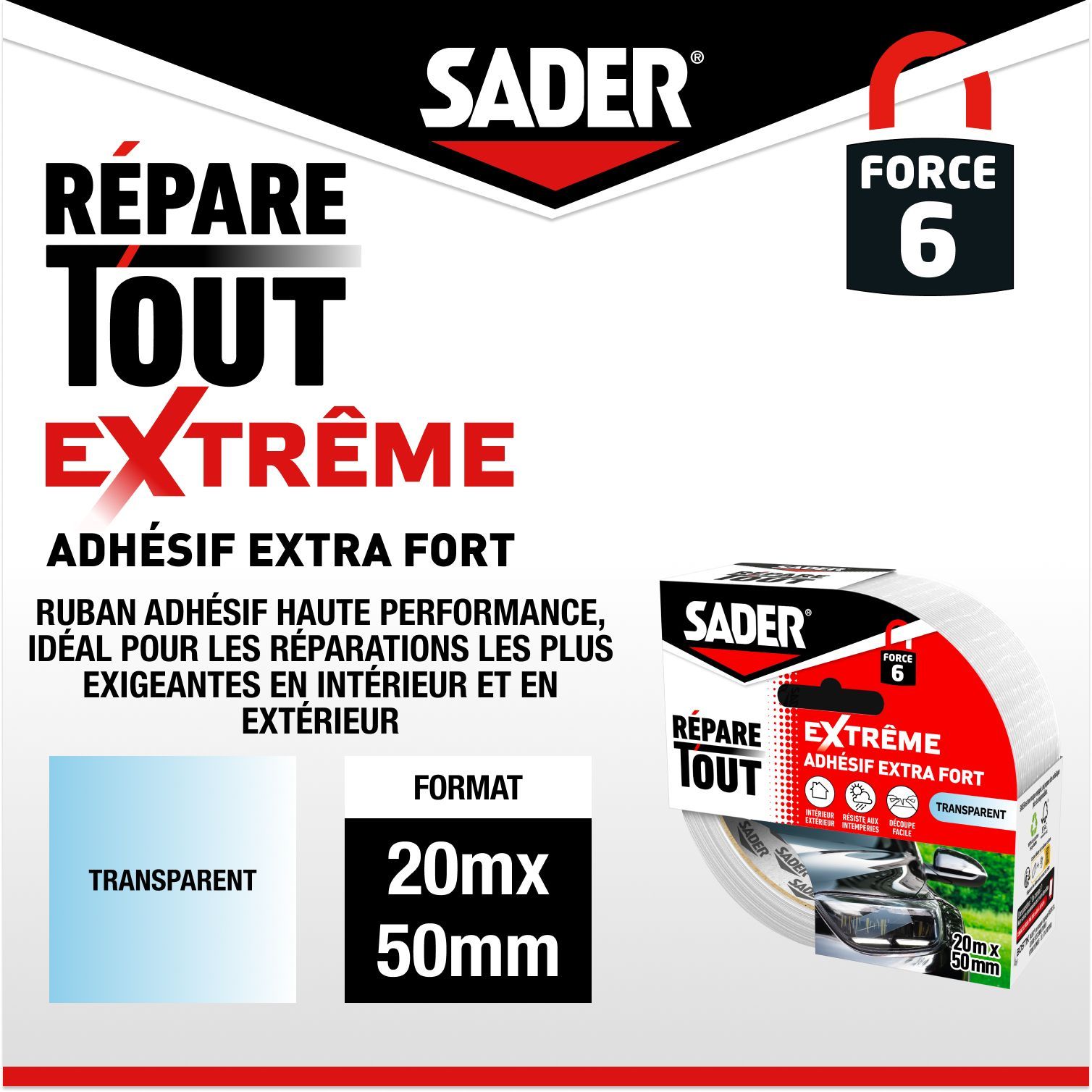 SADER Extra Strong Adhesive - Extreme All-Purpose Repair - Transparent - Indoor & Outdoor - All Surfaces - 20 m x 50 mm
