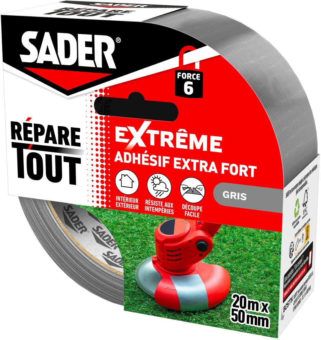 SADER Extra Strong Adhesive - Extreme Repair - Grey - Indoor & Outdoor - All Surfaces - Easy to Cut - 20 m x