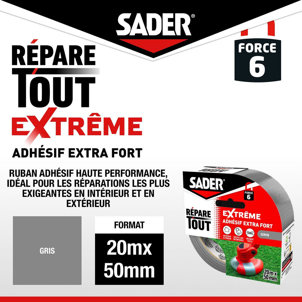 SADER Extra Strong Adhesive - Extreme Repair - Grey - Indoor & Outdoor - All Surfaces - Easy to Cut - 20 m x