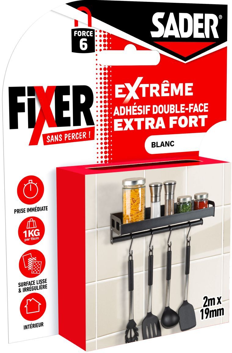 SADER Extra Strong Double-sided Adhesive - Fix Without Drilling - Extreme - Indoor Use - Supports up to 10 kg - White - 2