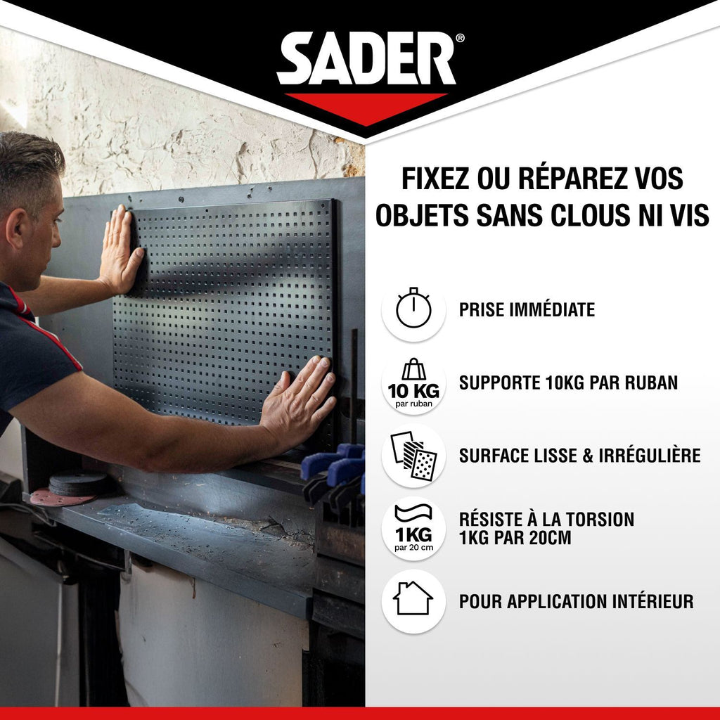 SADER Extra Strong Double-sided Adhesive - Fix Without Drilling - Extreme - Indoor Use - Supports up to 10 kg - White - 2