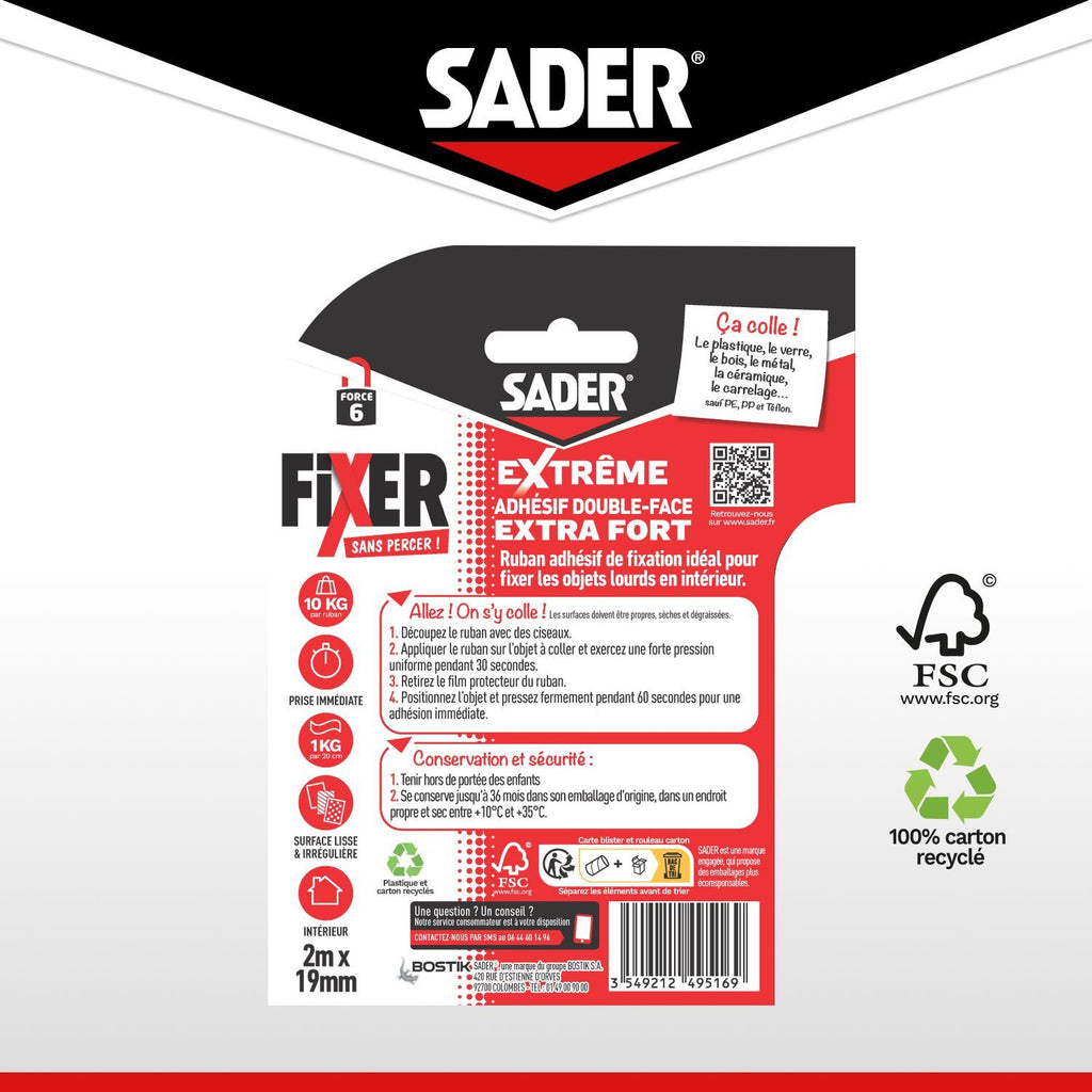 SADER Extra Strong Double-sided Adhesive - Fix Without Drilling - Extreme - Indoor Use - Supports up to 10 kg - White - 2