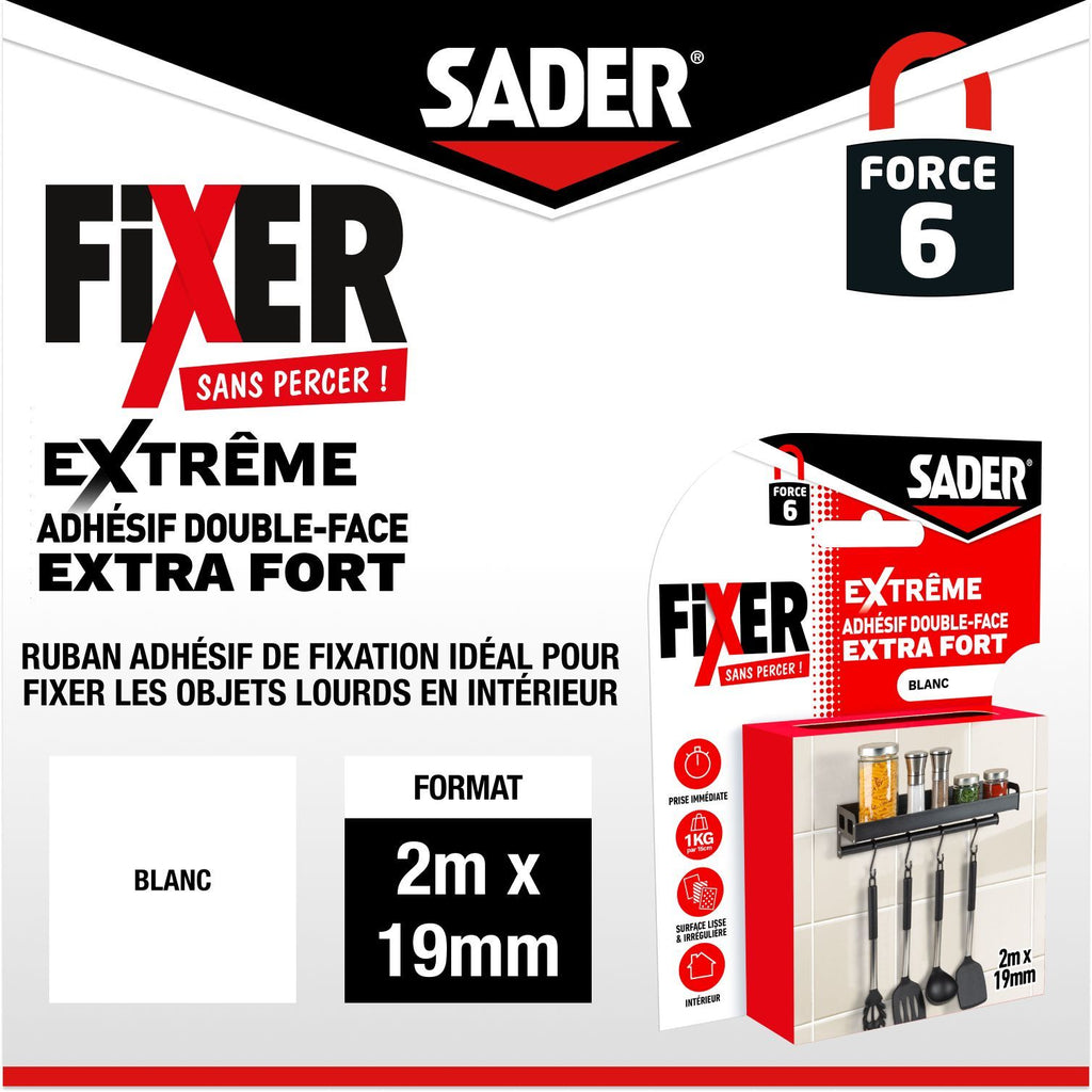SADER Extra Strong Double-sided Adhesive - Fix Without Drilling - Extreme - Indoor Use - Supports up to 10 kg - White - 2