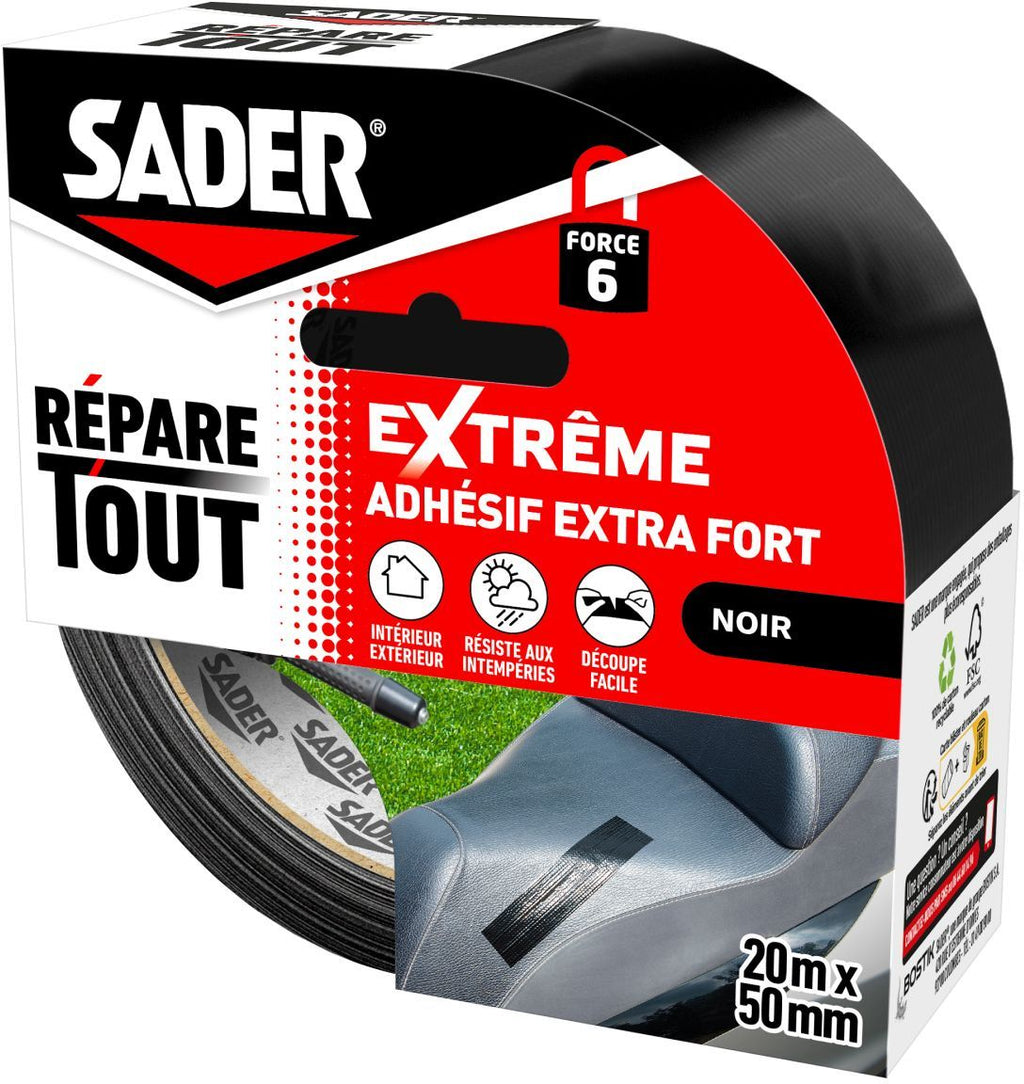 SADER Extra Strong Adhesive Tape - 20 m x 50 mm - Black - Indoor & Outdoor - All Surfaces