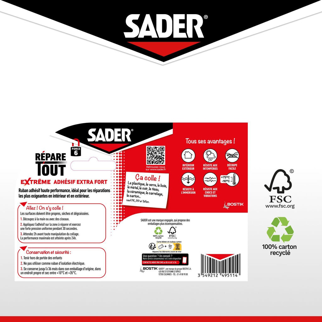 SADER Extra Strong Adhesive Tape - 20 m x 50 mm - Black - Indoor & Outdoor - All Surfaces