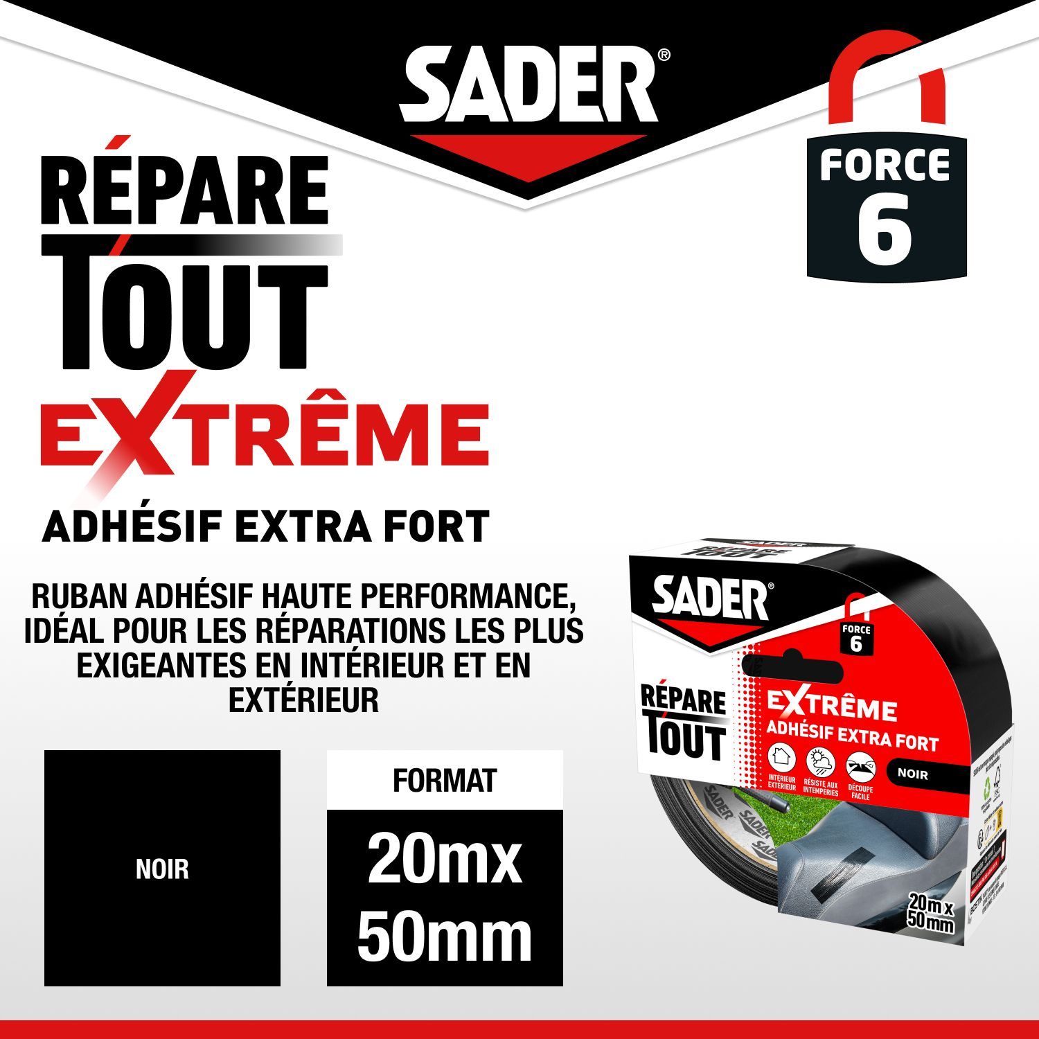 SADER Extra Strong Adhesive Tape - 20 m x 50 mm - Black - Indoor & Outdoor - All Surfaces