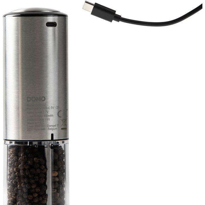 DOMO Electric Salt and Pepper Mills Set - USB Rechargeable - 96 ml - Transparent/Silver