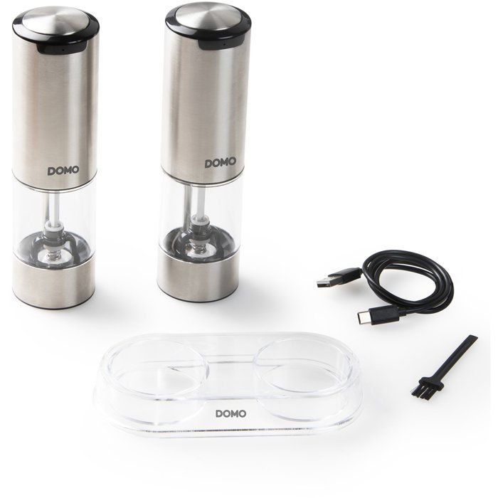 DOMO Electric Salt and Pepper Mills Set - USB Rechargeable - 96 ml - Transparent/Silver