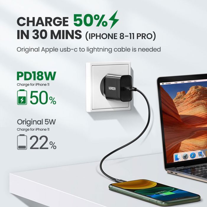 UGREEN Wall Charger - 1x USB-C - 20W - Black