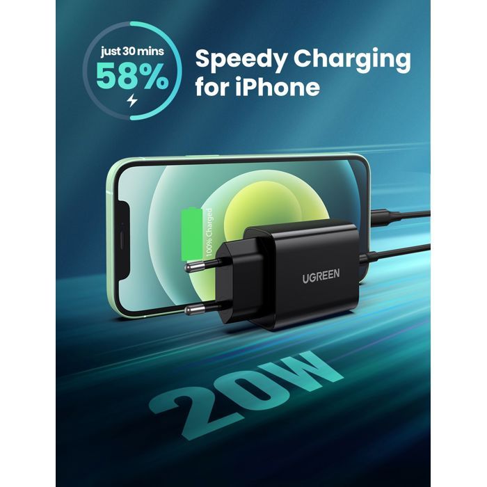 UGREEN Wall Charger - 1x USB-C - 20W - Black