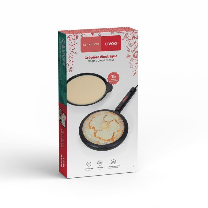Livoo x Marmiton Electric Crepe Maker - LIVOO - DOP258CO - 600 W - Ø 20 cm - Heat-resistant handle - Black