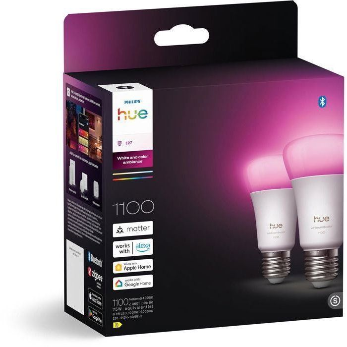 Pack of 2 A60 Connected LED Bulbs - PHILIPS HUE - White and Colored Light - E27 Base - 8.1W - 1000-2000K - 1100