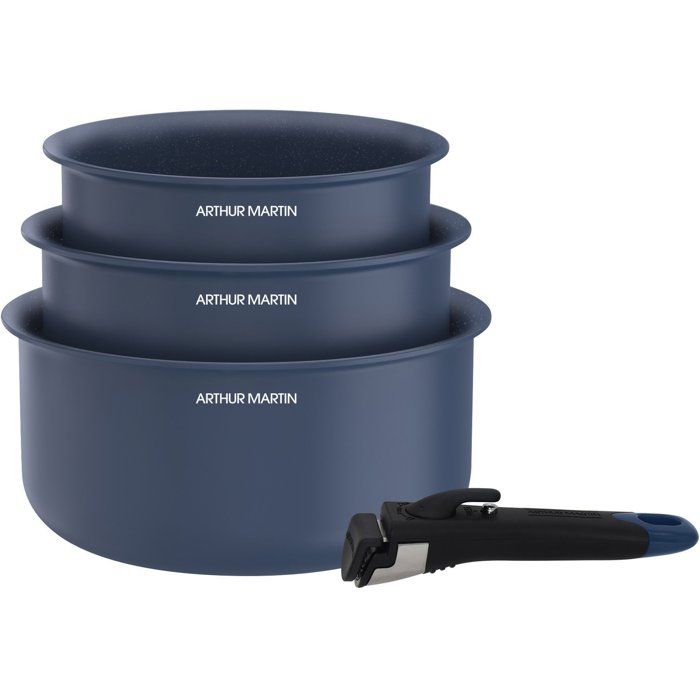 ARTHUR MARTIN Set of 3 Saucepans - Ceramic - Ø16-18-20 cm + Removable Handle - Suitable for all hobs including induction - Blue