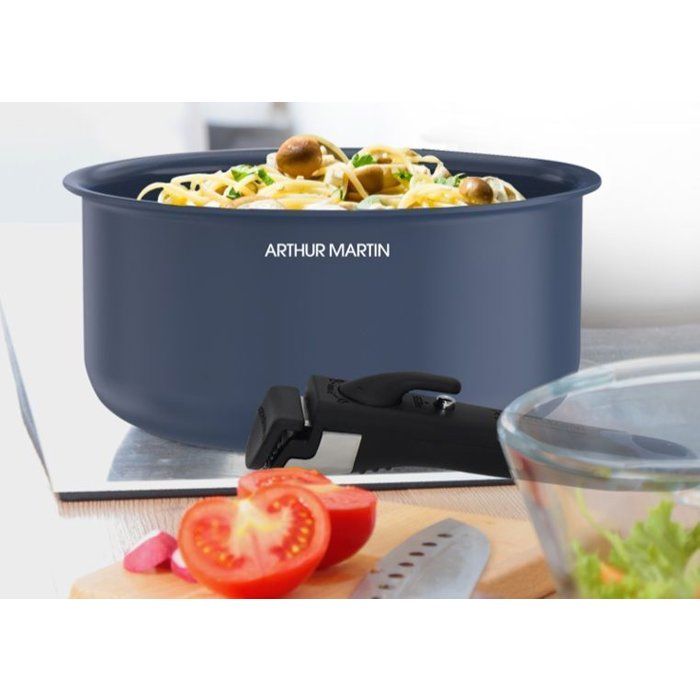 ARTHUR MARTIN Set of 3 Saucepans - Ceramic - Ø16-18-20 cm + Removable Handle - Suitable for all hobs including induction - Blue