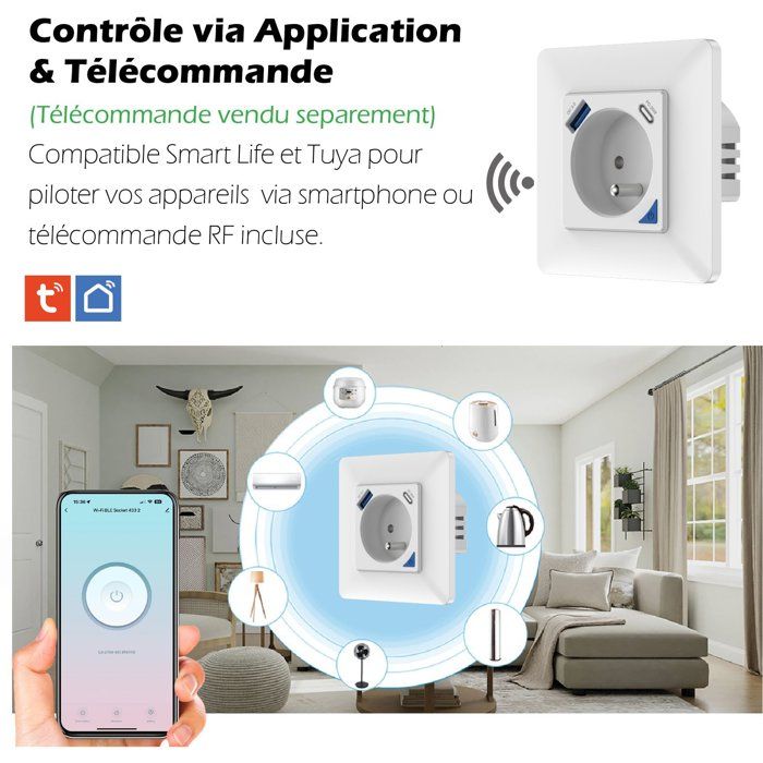 KYF Indoor Smart Recessed Socket - Wi-Fi - With Energy Meter + USB and USB-C Ports
