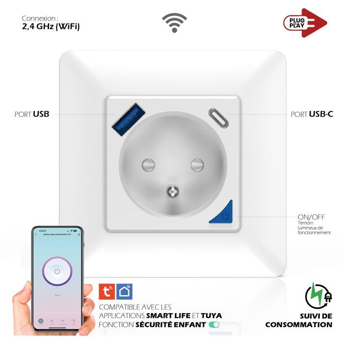 KYF Indoor Smart Recessed Socket - Wi-Fi - With Energy Meter + USB and USB-C Ports
