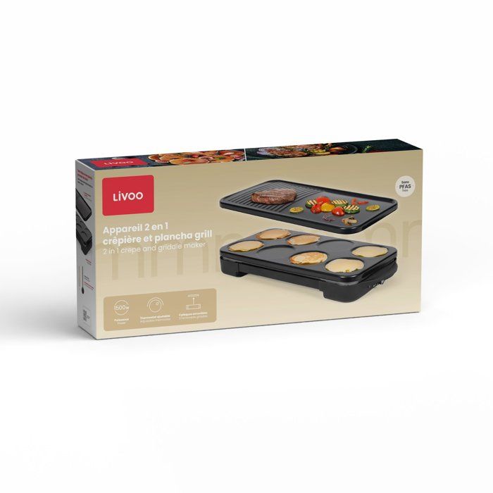 2-in-1 Crepe Maker and Griddle Grill - LIVOO - DOC349N - 1500 W - Makes 8 Mini Crepes (11.5 cm Diameter) - PFAS-Free -