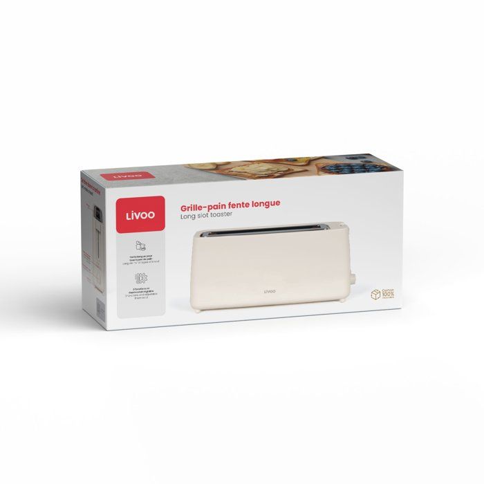 LIVOO Toaster - 900W - Long Slot - Adjustable Thermostat: 7 Levels - DOD168C - Off-white