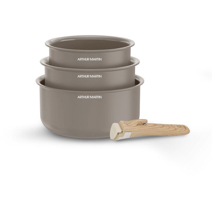 ARTHUR MARTIN Set of 3 Saucepans - Ceramic - Ø 16-18-20 cm + Removable Handle - Compatible with all hobs including induction - Taupe