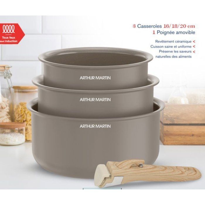 ARTHUR MARTIN Set of 3 Saucepans - Ceramic - Ø 16-18-20 cm + Removable Handle - Compatible with all hobs including induction - Taupe