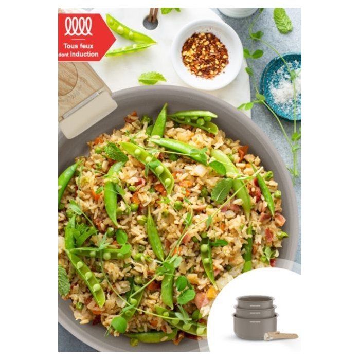 ARTHUR MARTIN Set of 3 Saucepans - Ceramic - Ø 16-18-20 cm + Removable Handle - Compatible with all hobs including induction - Taupe