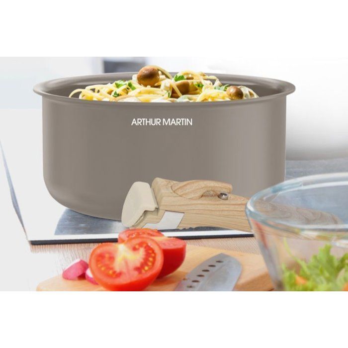 ARTHUR MARTIN Set of 3 Saucepans - Ceramic - Ø 16-18-20 cm + Removable Handle - Compatible with all hobs including induction - Taupe