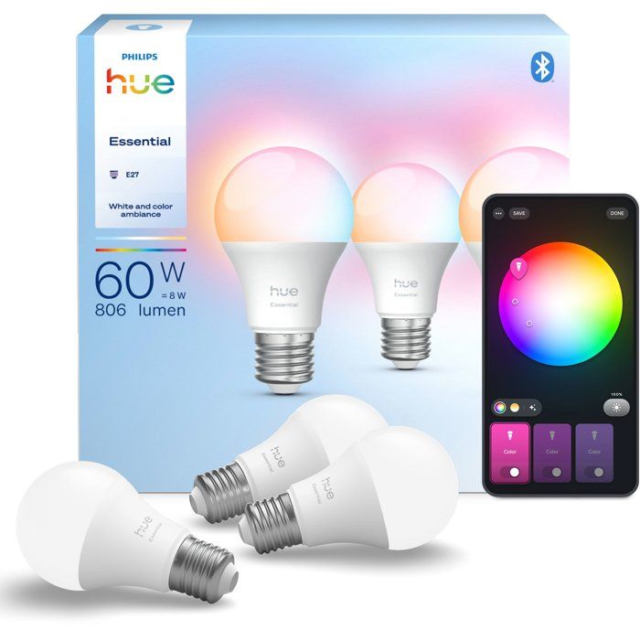 PHILIPS HUE Essential Bulbs Pack of 3 - E27 - A60 - White and Colored Light - 8W