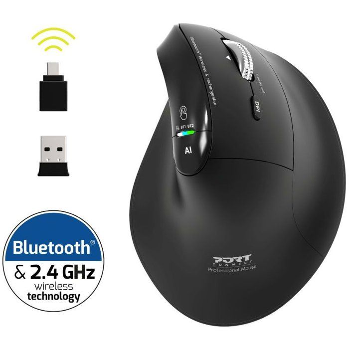 PORT Designs Wireless Mouse - 910204 ERGO AUDITOR - Bluetooth & 2.4 GHz - Rechargeable - Black