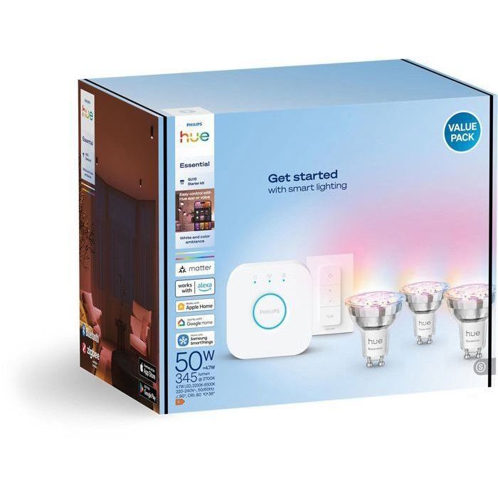 PHILIPS HUE Starter Kit - White and Color Ambient Lighting - 1 Bridge + 3 GU10 LED Spotlights + 1 Dimmer Switch