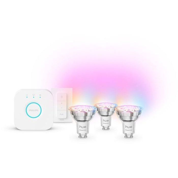PHILIPS HUE Starter Kit - White and Color Ambient Lighting - 1 Bridge + 3 GU10 LED Spotlights + 1 Dimmer Switch