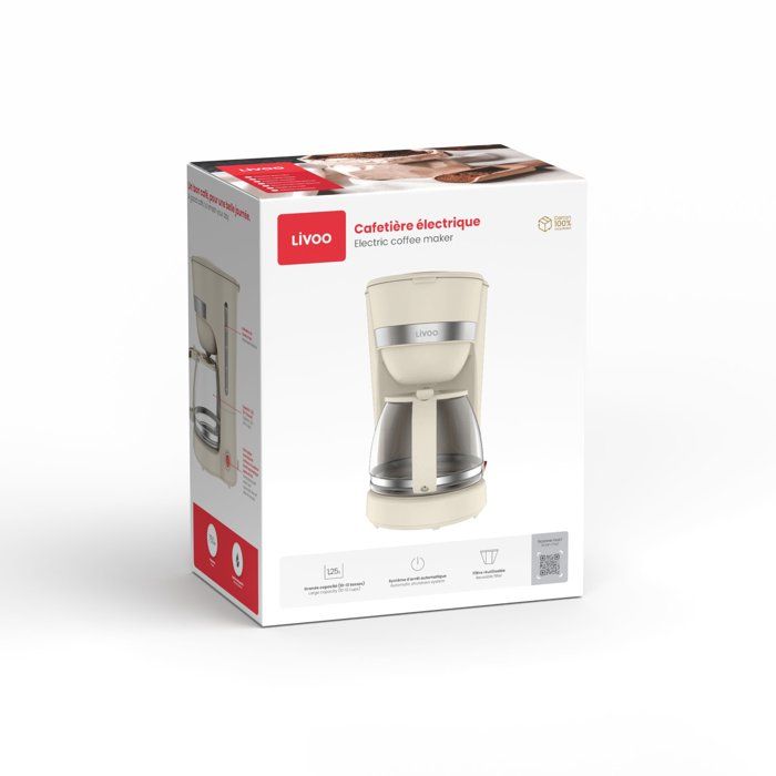 LIVOO Electric Coffee Maker - DOD200C - 750W - 1.25 L - 10 to 12 Cups - Off-white