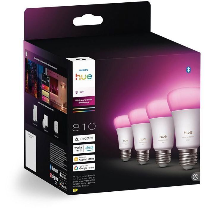 Pack of 4 A60 Connected LED Bulbs - PHILIPS HUE - White and Colored Light - E27 Base - 6W - 1000-2000K - 810