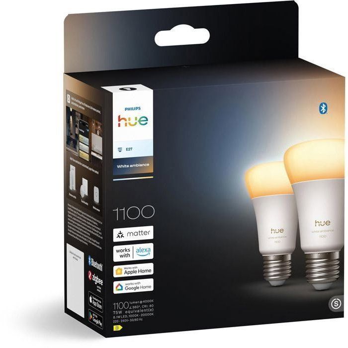 PHILIPS HUE A60 LED Bulbs Pack of 2 - Warm White Light - E27 - 8.1W - 1000-2000K - 1100 Lumens