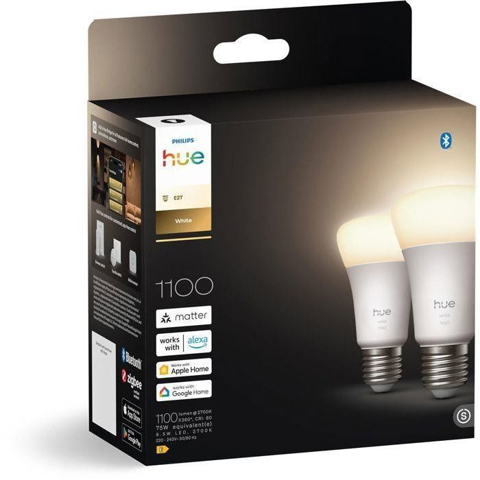 PHILIPS HUE A60 LED Bulbs Pack of 2 - Warm White Light - 2700K - E27 - 9.5W - 1100 Lumens