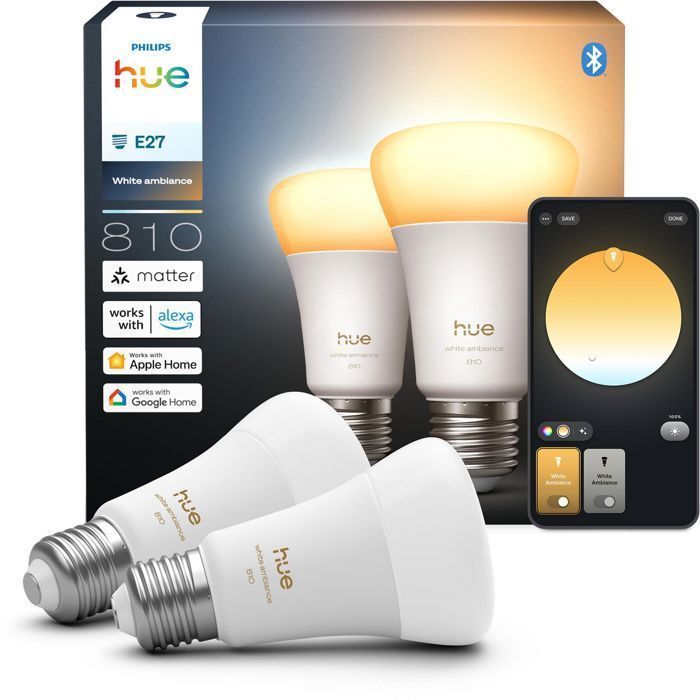 Pack of 2 A60 Connected LED Bulbs - PHILIPS HUE - White Light - E27 Base - 6W - 1000-2000K - 810 Lumens