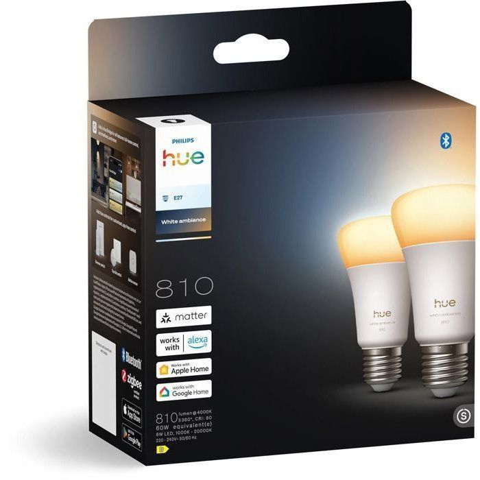 Pack of 2 A60 Connected LED Bulbs - PHILIPS HUE - White Light - E27 Base - 6W - 1000-2000K - 810 Lumens