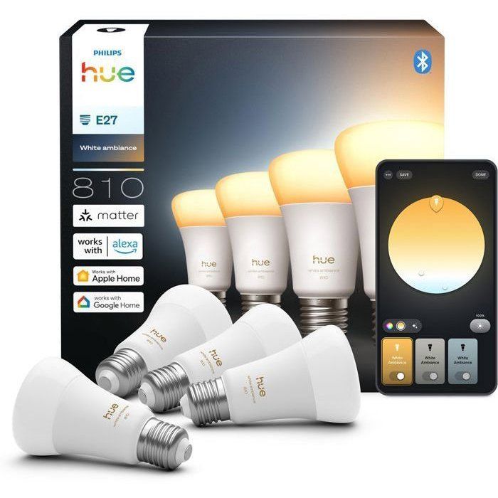 Pack de 4 ampoules LED connectées A60 - PHILIPS HUE - Lumiere blanche chaude - Culot E27 - 6W - 1000-2000k - 810 lumens