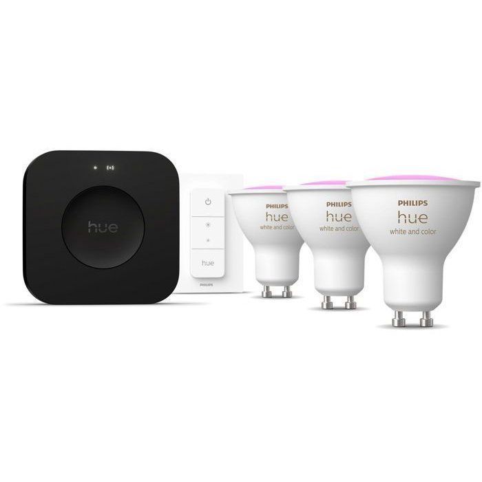 Starter Kit - PHILIPS HUE - White Light and Colored Ambiance - 1 Bridge Pro + 3 GU10 400 Lumen Spotlights + 1 Dimmer