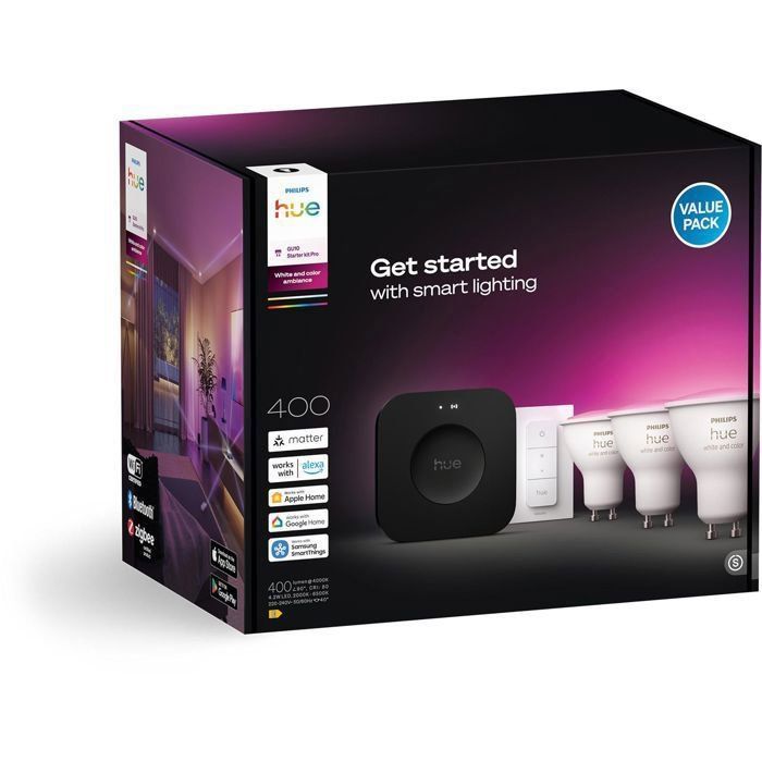Starter Kit - PHILIPS HUE - White Light and Colored Ambiance - 1 Bridge Pro + 3 GU10 400 Lumen Spotlights + 1 Dimmer