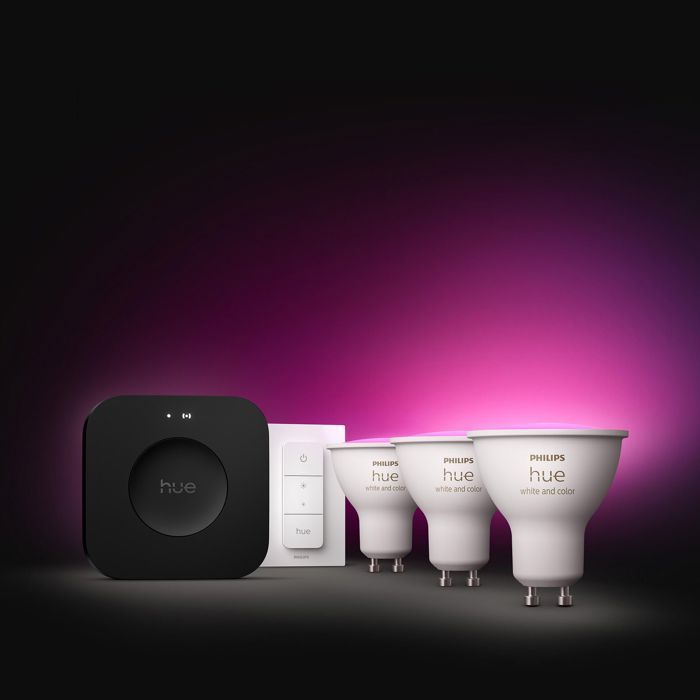 Starter Kit - PHILIPS HUE - White Light and Colored Ambiance - 1 Bridge Pro + 3 GU10 400 Lumen Spotlights + 1 Dimmer