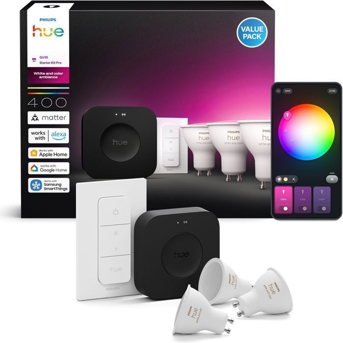 Starter Kit - PHILIPS HUE - White Light and Colored Ambiance - 1 Bridge Pro + 3 GU10 400 Lumen Spotlights + 1 Dimmer