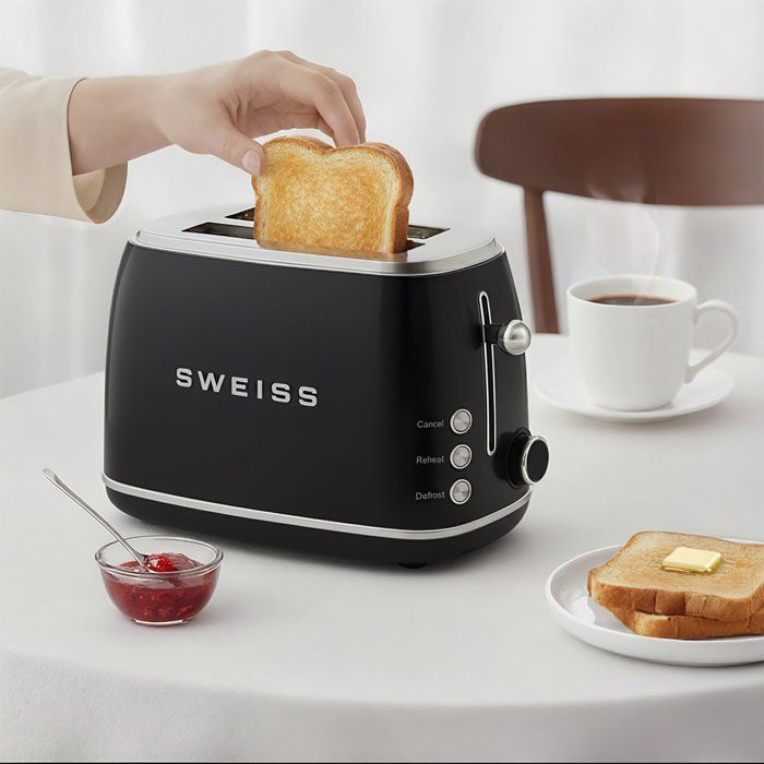 SWEISS Vintage Toaster - 850W - 2 Slots - Adjustable Thermostat - GRS9 - Black 2-slice