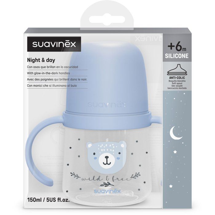 Baby bottle with handles - SUAVINEX - NIGHT&DAY WILD&FREE - 150 ml - 6 months and over - Blue