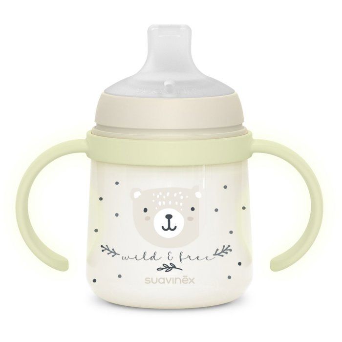 SUAVINEX Baby Bottle with Handles - 150 ml - 6 Months and Over - Grey - NIGHT&DAY WILD&FREE