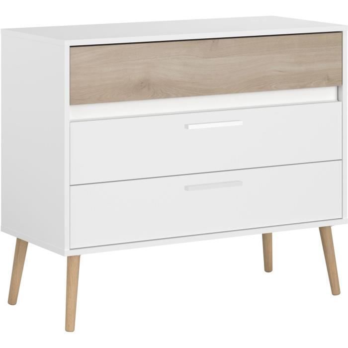Commode  AALBORG  3 Tiroirs - Décor blanc et chene - Scandinave -  L 90,8 x P 40 x H 77,5cm - PARISOT