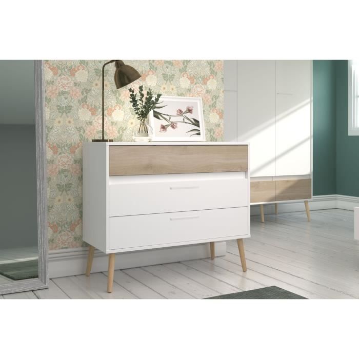 Commode  AALBORG  3 Tiroirs - Décor blanc et chene - Scandinave -  L 90,8 x P 40 x H 77,5cm - PARISOT