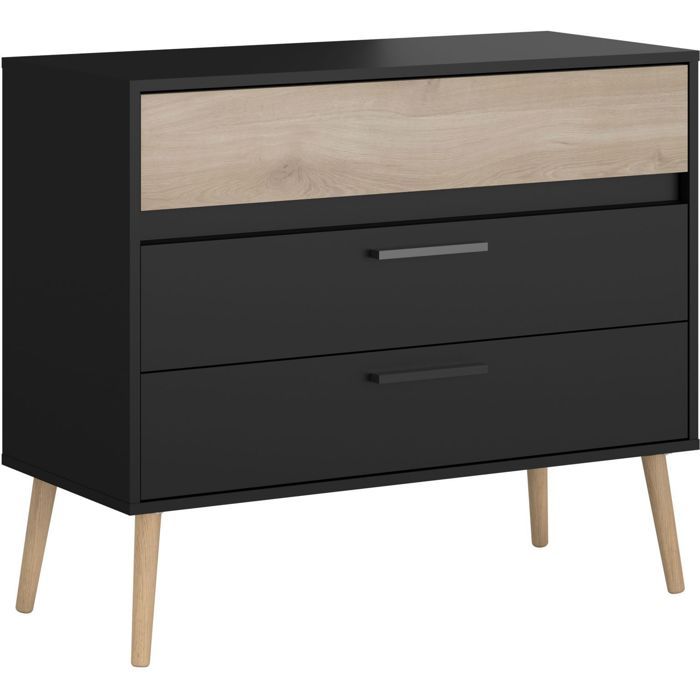 PARISOT AALBORG Chest of Drawers - 3 Drawers - Black & Oak Finish - Scandinavian Style - W90.8 x D39.9 x H77.5 cm