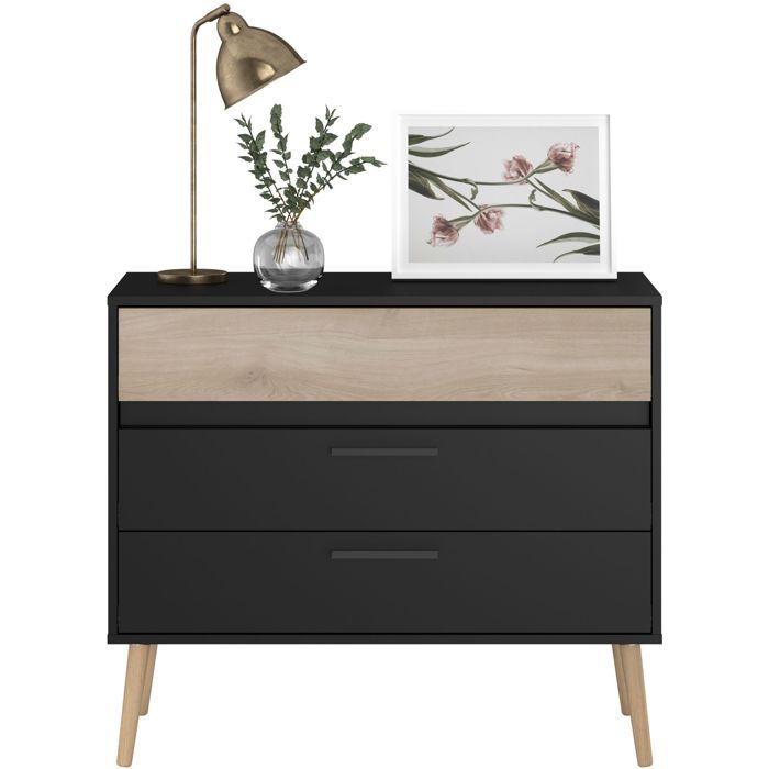 PARISOT AALBORG Chest of Drawers - 3 Drawers - Black & Oak Finish - Scandinavian Style - W90.8 x D39.9 x H77.5 cm