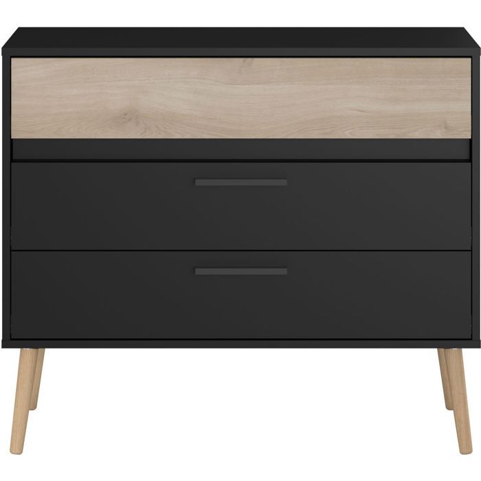 PARISOT AALBORG Chest of Drawers - 3 Drawers - Black & Oak Finish - Scandinavian Style - W90.8 x D39.9 x H77.5 cm